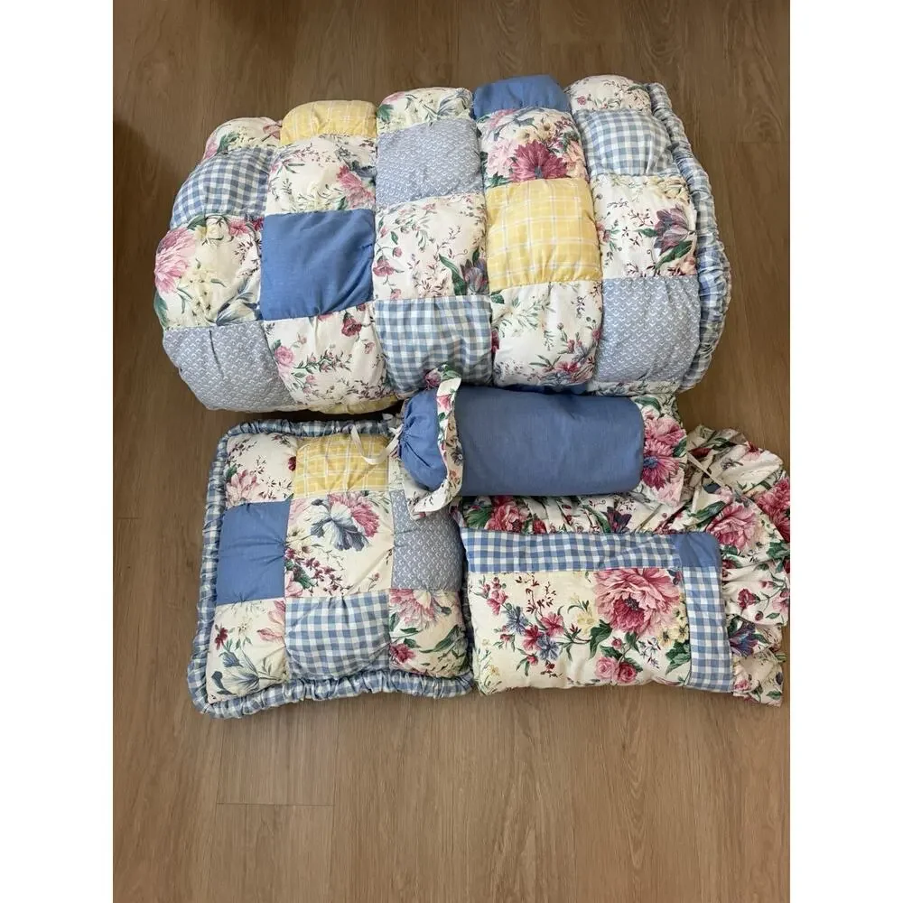Vintage Handmade Puff patchwork Twin Quilt 4 Piece Set Cottagecore
